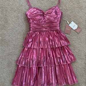 Elegant Pink Metallic Tiered Mini Dress